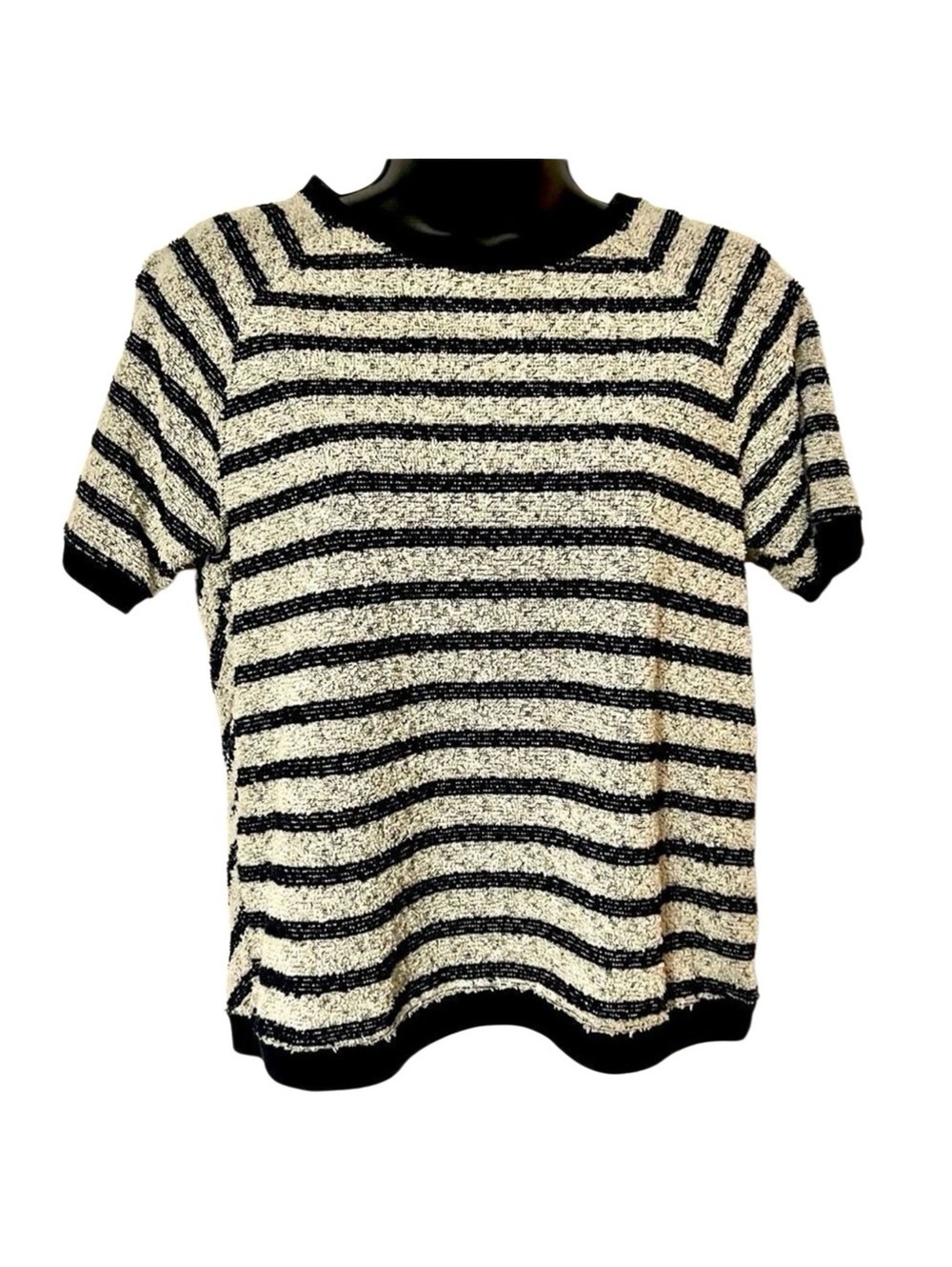 Billy Reid Boxy Stripe Navy Blue Cotton Terry Chevron Short Sleeve Sweater XS